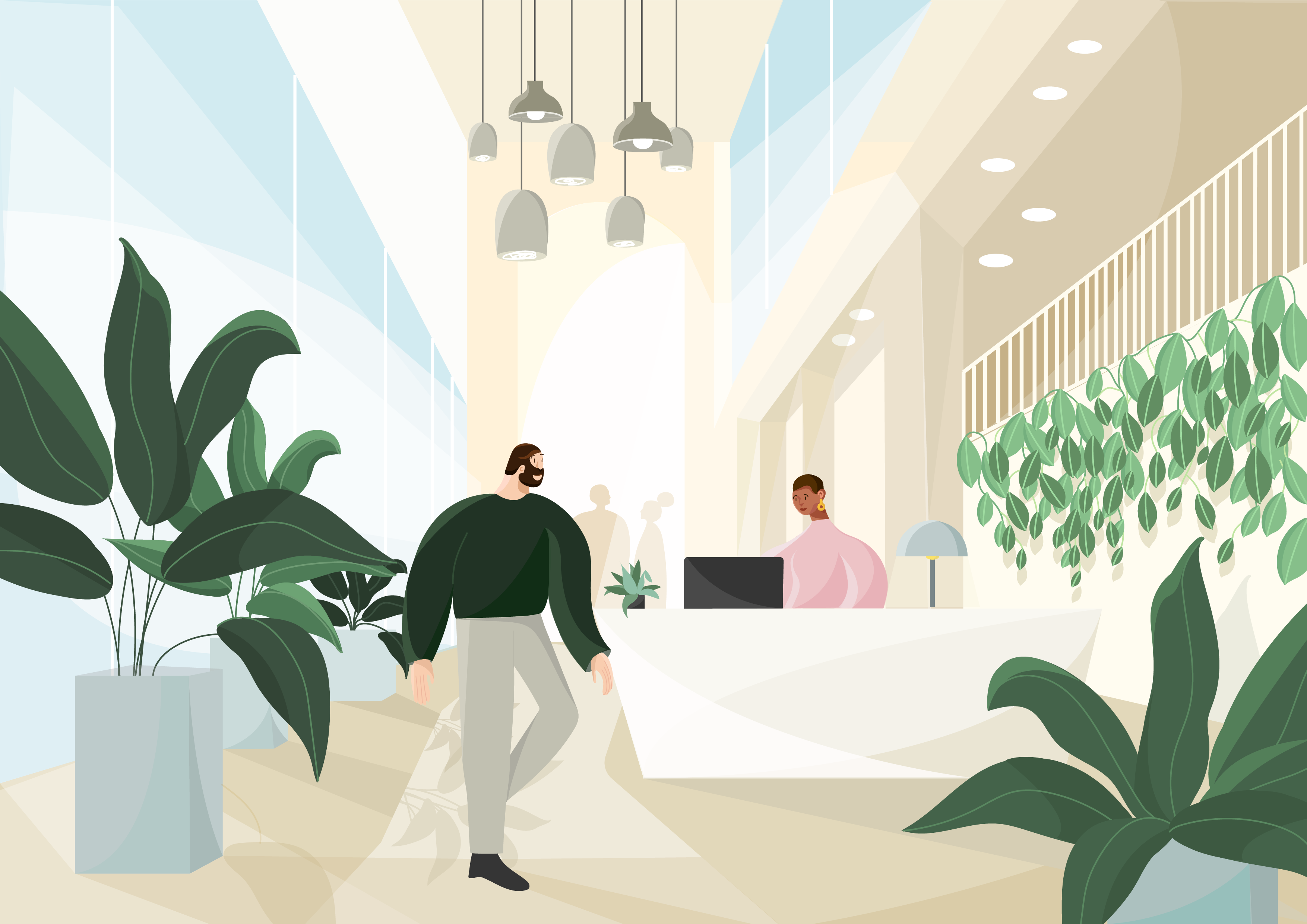 Illustration of man at desk and man in front with plants