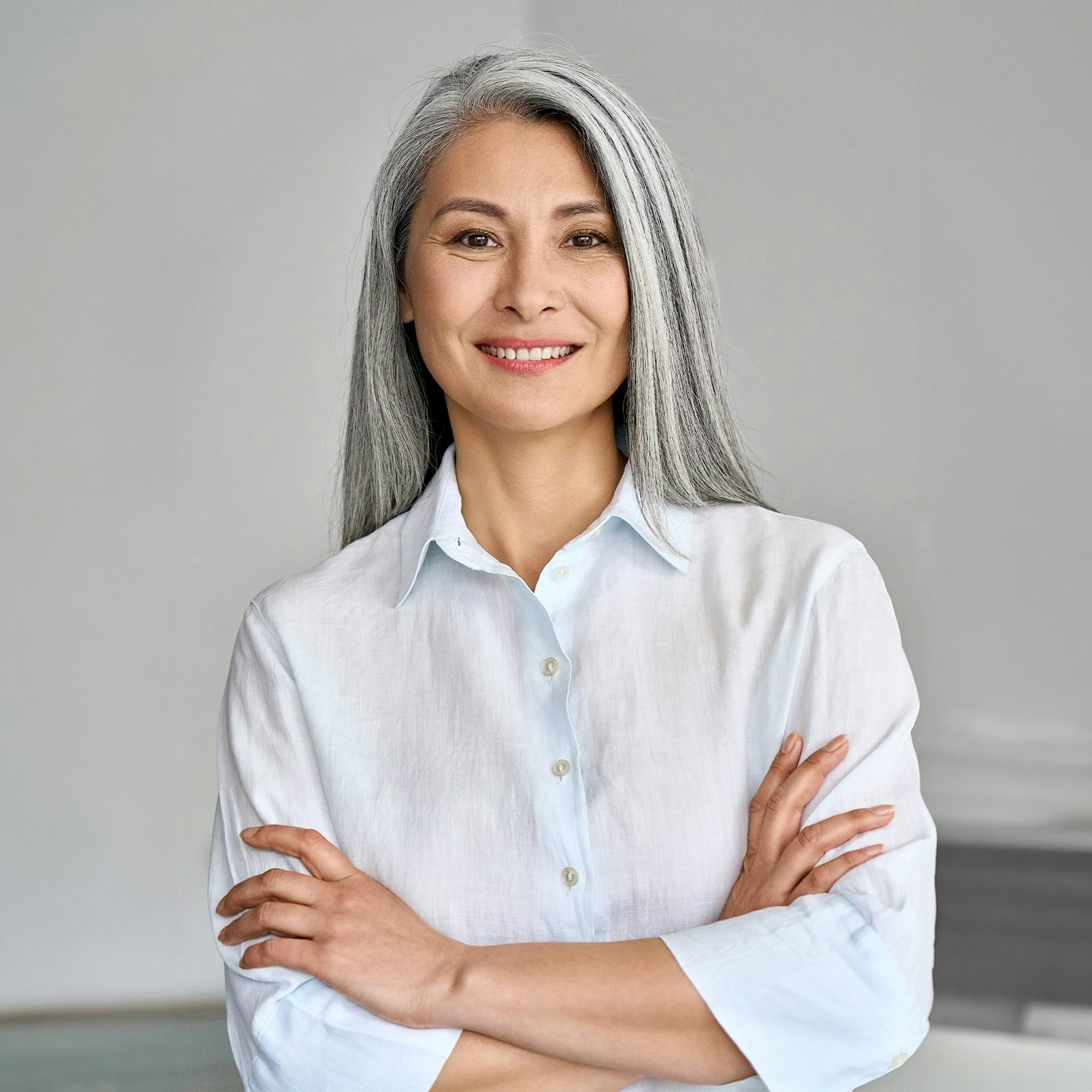woman with long grey hair