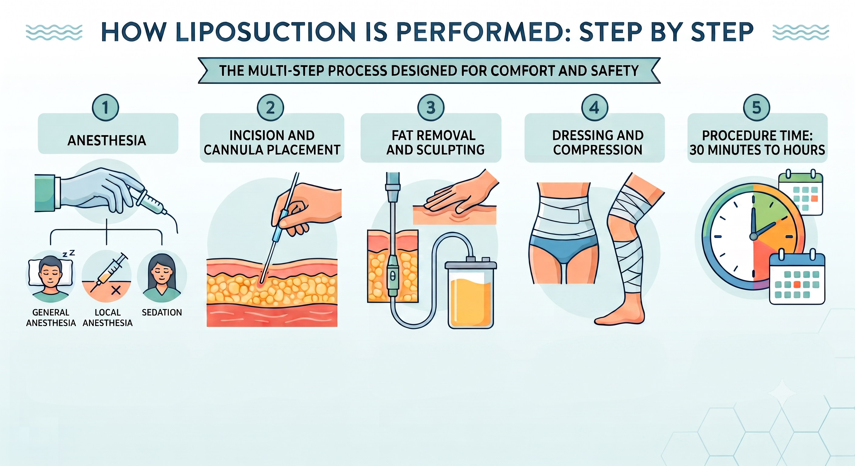 Liposuction/liposculpture infographic on procedure step by step