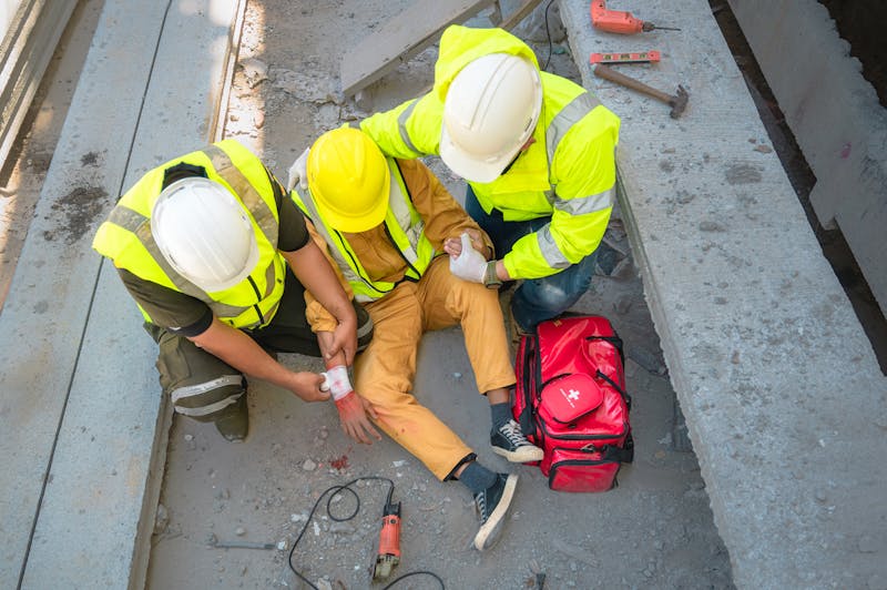 One injured employee is in between two other employees who are carrying for him. They are all sitting on the ground with white construction hats and bright green work jackets. One employee is bandaging the arm of the injured employee with visible blood.