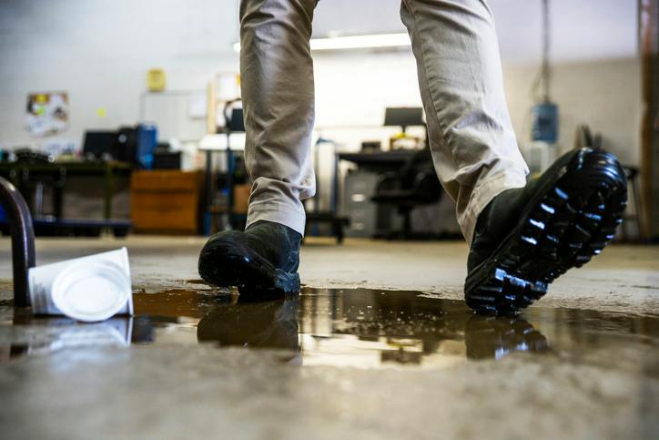 A person slipping on spilled water on floor