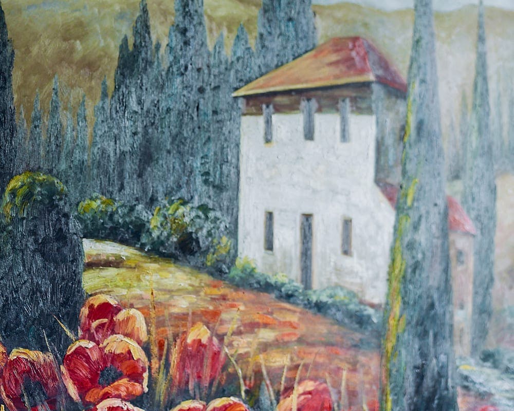 painting of house in a forest