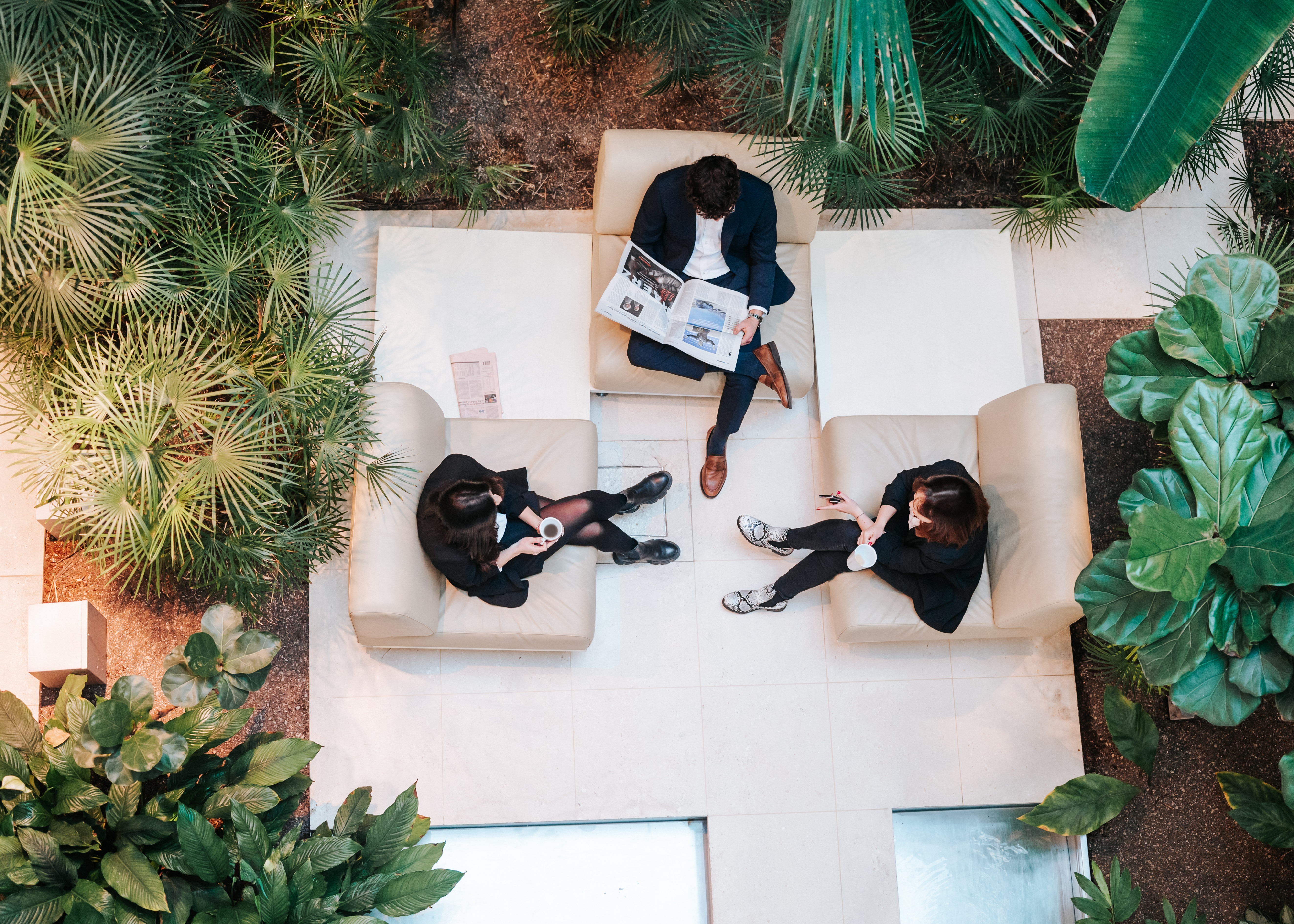 Drei Mitarbeitende der Baaderbank sitzen im begrünten Lounge-Bereich mit Zeitung und Kaffeetassen.