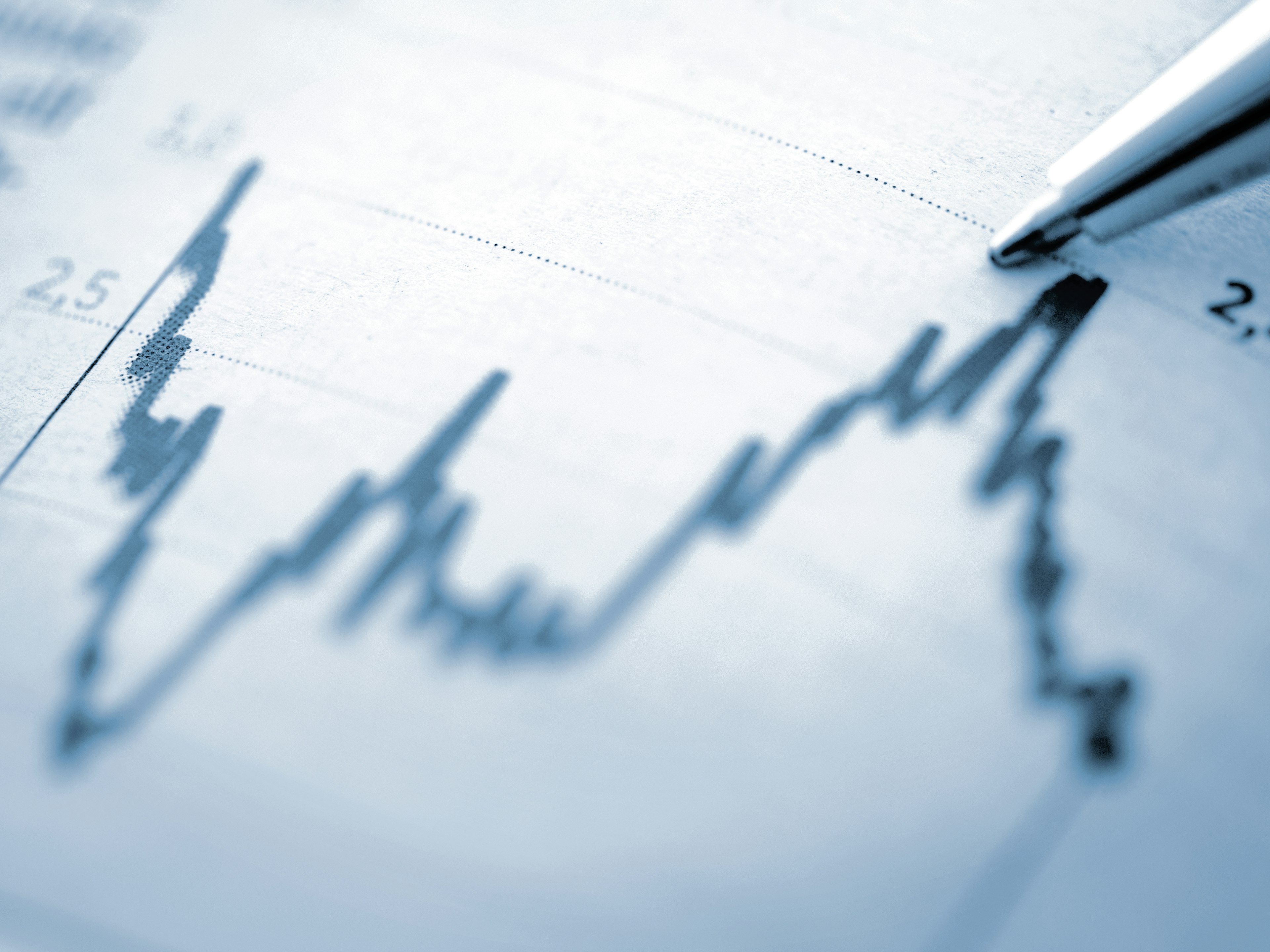 Nahaufnahme einer Finanzgrafik mit schwankender Kurslinie und einem Kugelschreiber, der auf den Verlauf im Diagramm zeigt.