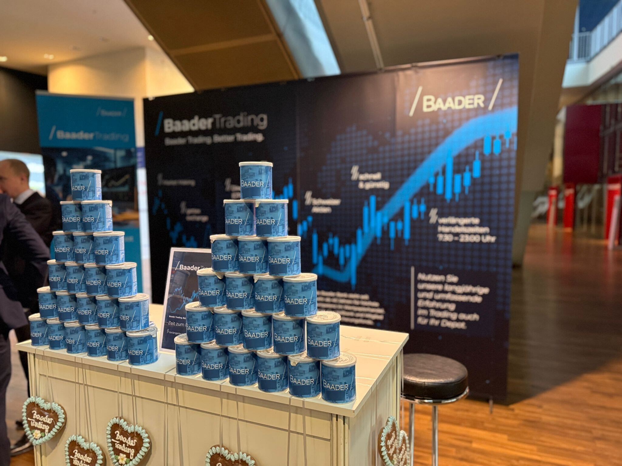 Messestand der Baader Bank mit blauem Banner und Dosenstapeln mit Logo, dekoriert mit Lebkuchenherzen, im Hintergrund Besucher im Gespräch.
