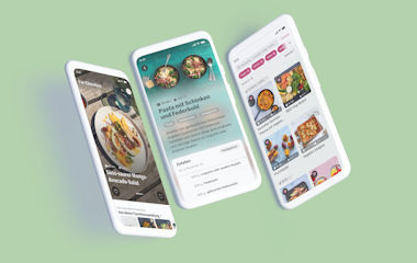 Screenshots der neuen Migusto Rezept App Drei Mockups von Smartphon e Screenshots der neuen Migusto Rezept App.