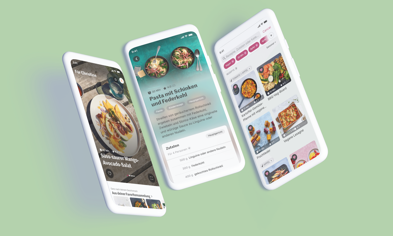 Screenshots der neuen Migusto Rezept App Drei Mockups von Smartphon e Screenshots der neuen Migusto Rezept App.