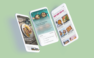 Drei Mockups von Smartphon e Screenshots der neuen Migusto Rezept App.