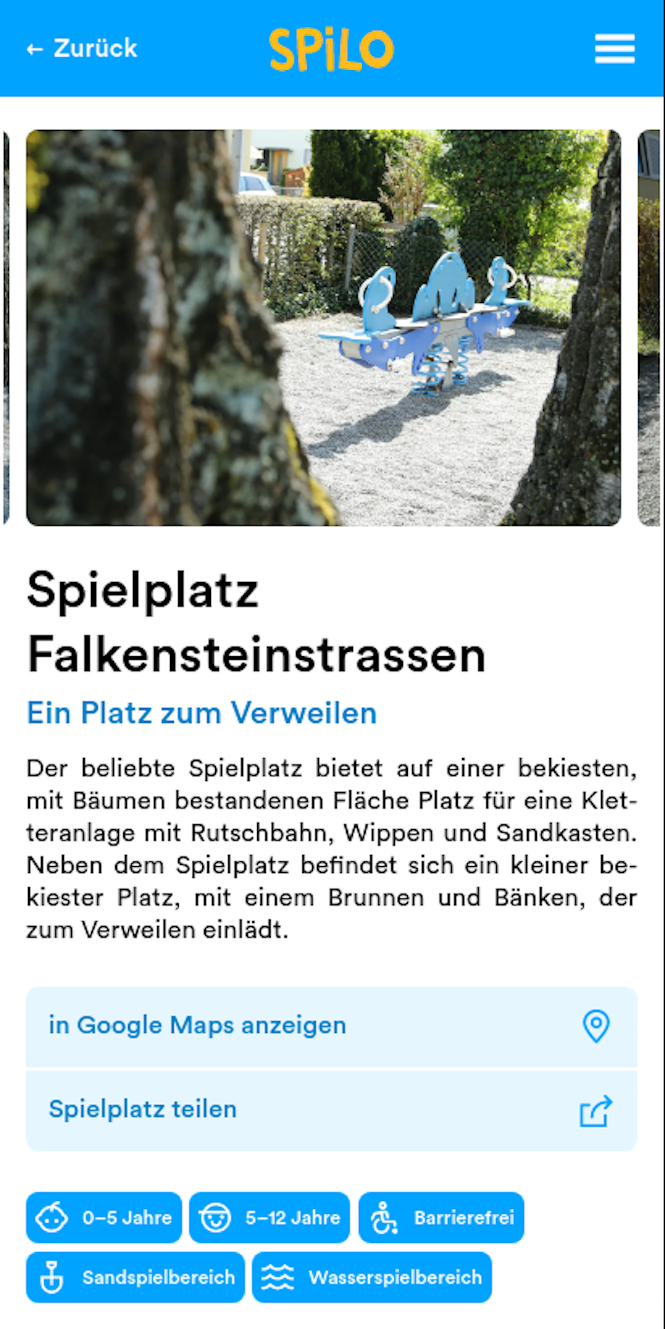 Ein Screenshot der Spilo App, mit der Spielplätze in der Umgebung gefunden werden können.