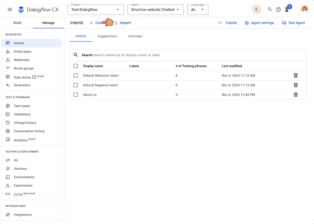 Unser erster Intent Screenshot von Dialogflow