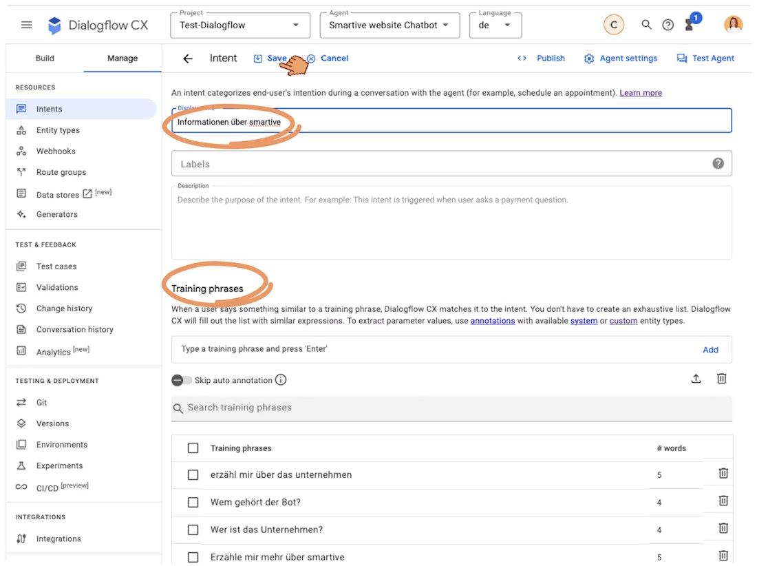Name & Trainingssätze → Save Screenshot von Dialogflow