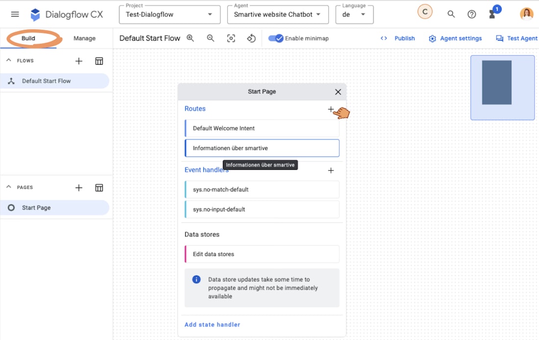 Intent auswählen und Antworten hinzufügen Screenshot von Dialogflow