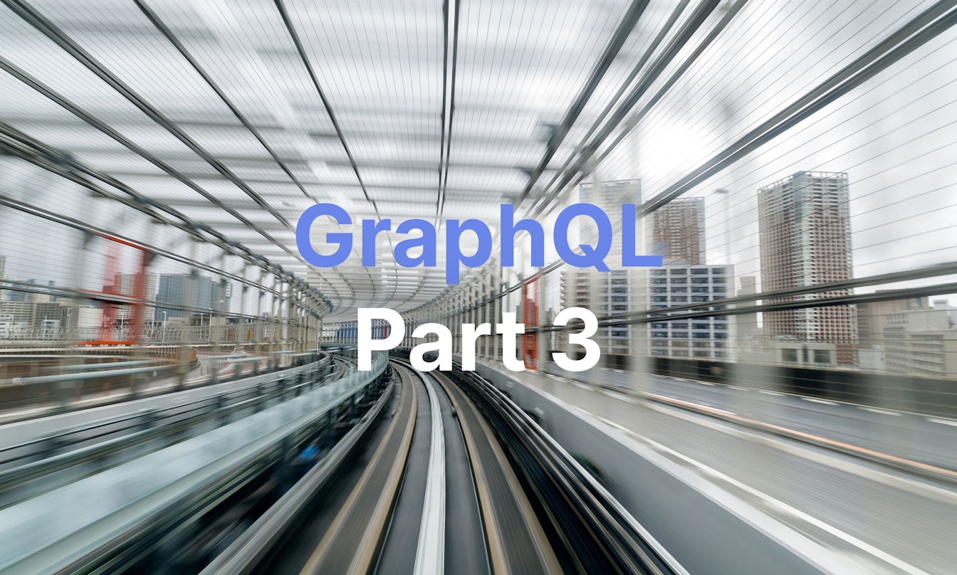 Verschwommene Bewegungsansicht einer Stadtlandschaft durch einen Tunnel mit überlagertem Text „GraphQL Teil 3“.