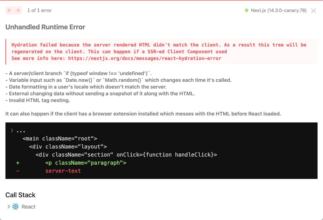 Verbesserte Hydration-Error Meldung in Next.js 15 Next.js-Fehlermeldung ĂĽber fehlgeschlagene Hydration aufgrund von Unterschieden zwischen serverseitigem und clientseitigem HTML.