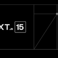Next.js 15 Logo auf schwarzem Hintergrund mit geometrischen Linienmustern.