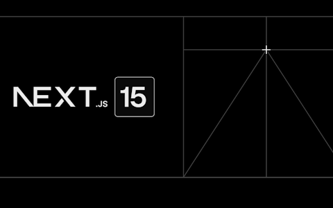 Next.js 15 Logo auf schwarzem Hintergrund mit geometrischen Linienmustern.