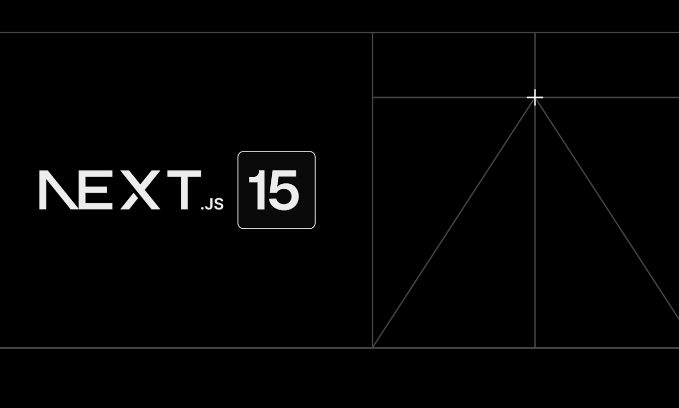 Next.js 15 Logo auf schwarzem Hintergrund mit geometrischen Linienmustern.