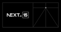 Next.js 15 Logo auf schwarzem Hintergrund mit geometrischen Linienmustern.