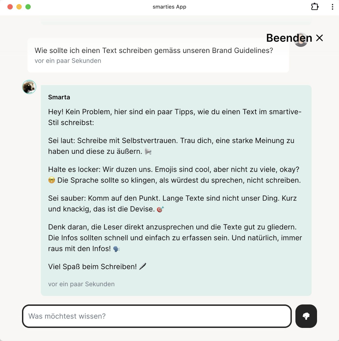 Chat-Fenster in der smartive App mit Tipps zum Schreiben im Markenstil.