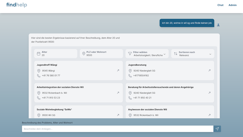 Findhelp-Website mit einer Liste von sozialen Diensten und Beratungsstellen basierend auf Standort- und Altersangaben.