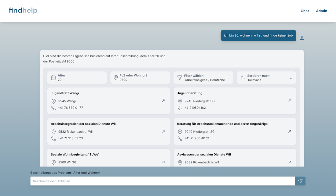 Findhelp-Website mit einer Liste von sozialen Diensten und Beratungsstellen basierend auf Standort- und Altersangaben.