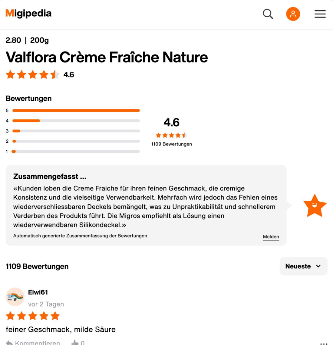 Produktseite für Valflora Crème Fraîche Nature mit einer 4,6-Sterne-Bewertung, mit einer Kundenrezension, die die cremige Textur und den Geschmack hervorhebt. Enthält eine Zusammenfassung des gesamten Kundenfeedbacks.