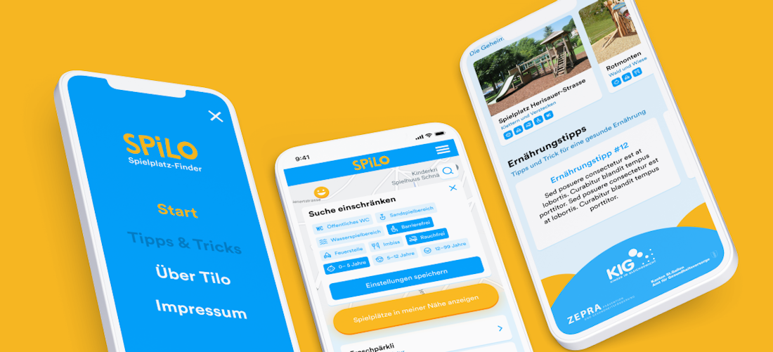 Drei Smartphones zeigen verschiedene Ausschnitte der Spilo Progressive Web App (PWA).