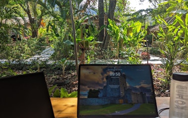 Laptops und eine Wasserflasche auf einem Holztisch mit einem üppigen Garten im Hintergrund.