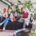 In einem modernen Büro mit Pflanzen sitzen zwei Personen auf einer Couch, beide mit einem Laptop und einem Tablet, und unterhalten sich.