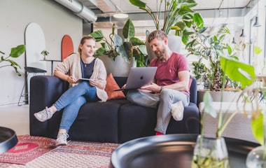 In einem modernen Büro mit Pflanzen sitzen zwei Personen auf einer Couch, beide mit einem Laptop und einem Tablet, und unterhalten sich.
