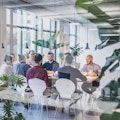Eine Gruppe von Menschen sitzt um einen großen Tisch in einem modernen Büroraum mit Pflanzen und Deckenbeleuchtung.