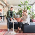 Zwei Personen in einer modernen Bürolounge, umgeben von Pflanzen. Eine Person sitzt auf einem Sofa und trinkt aus einer Tasse, während die andere daneben steht, lächelt und auf einen kleinen Tisch zeigt.