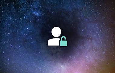 Symbol einer Person und eines Schlosses auf einem galaktischen Hintergrund als Symbol für sichere persönliche Daten.