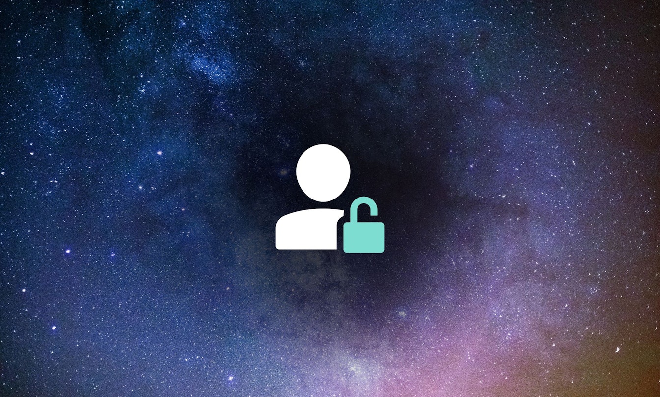 Symbol einer Person und eines Schlosses auf einem galaktischen Hintergrund als Symbol für sichere persönliche Daten.