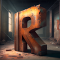 Ein großer, rostiger Buchstabe „R“ steht in einem verlassenen, schwach beleuchteten Industriegebäude mit zerbrochenen Fenstern und abblätternden Wänden. Staub und Schutt bedecken den Boden.