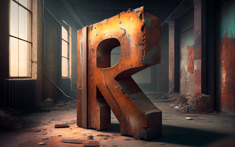 Ein großer, rostiger Buchstabe „R“ steht in einem verlassenen, schwach beleuchteten Industriegebäude mit zerbrochenen Fenstern und abblätternden Wänden. Staub und Schutt bedecken den Boden.