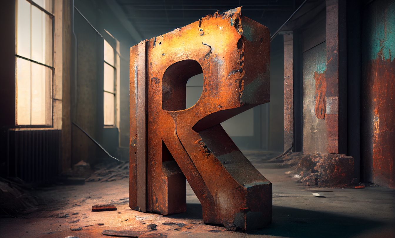 Ein großer, rostiger Buchstabe „R“ steht in einem verlassenen, schwach beleuchteten Industriegebäude mit zerbrochenen Fenstern und abblätternden Wänden. Staub und Schutt bedecken den Boden.
