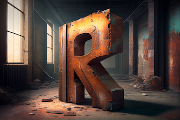 Ein großer, rostiger Buchstabe „R“ steht in einem verlassenen, schwach beleuchteten Industriegebäude mit zerbrochenen Fenstern und abblätternden Wänden. Staub und Schutt bedecken den Boden.