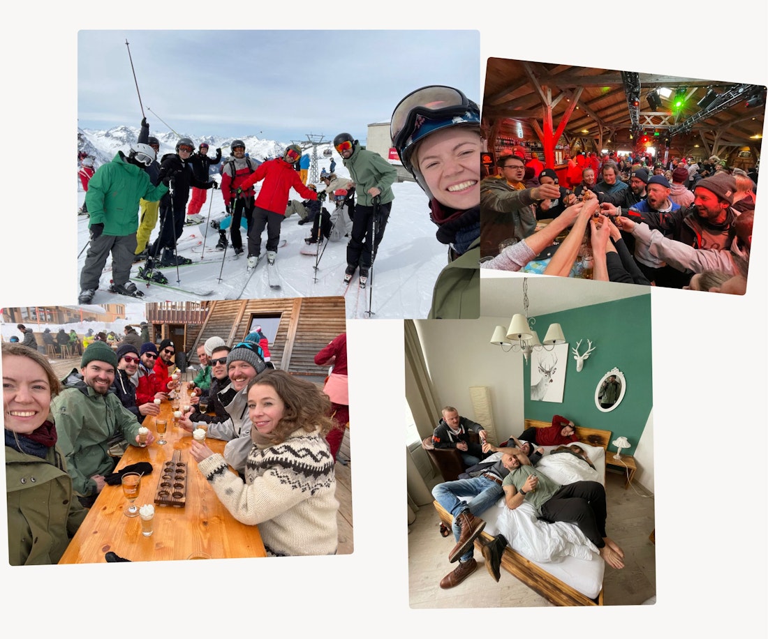 Eine Collage aus vier Fotos: eine Gruppe beim Skifahren auf einem schneebedeckten Berg, Leute, die drinnen mit Getränken anstoßen, Freunde um einen Holztisch herum und mehrere Leute, die in einem Schlafzimmer entspannen.