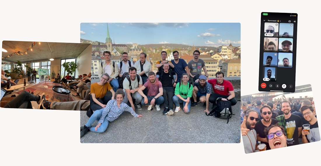 Collage aus einem Gruppenfoto auf einem Dach, Menschen, die in einer Lounge arbeiten, einem Videoanruf und einem Selfie bei einer gut besuchten Veranstaltung im Freien.