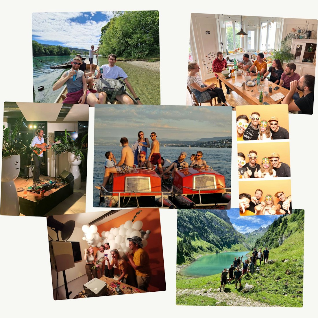 Eine Collage verschiedener Outdoor-Aktivitäten und -Treffen mit Seebesuchen, Wanderungen, Essen und Live-Musik-Events mit Gruppen von Menschen, die diese Erlebnisse genießen.