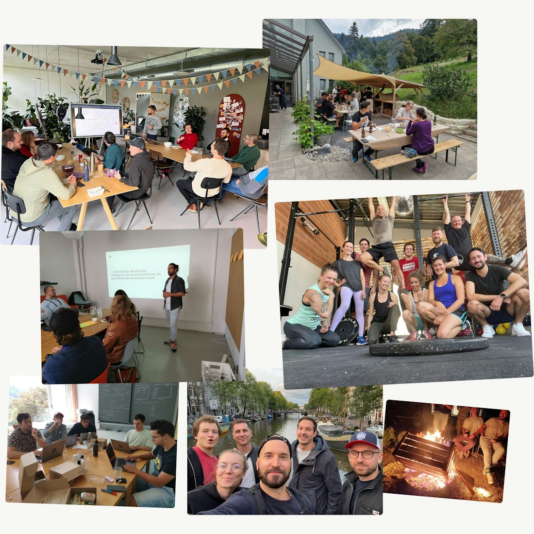Eine Collage von Menschen, die verschiedenen Aktivitäten nachgehen: Sie besuchen eine Präsentation, essen im Freien, posieren im Fitnessstudio, arbeiten am Laptop und beobachten eine Schmiede.
