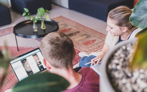 Zwei Personen sitzen auf dem Boden und arbeiten an einem Laptop und einem Tablet in einer gemütlichen Umgebung mit Pflanzen und einem Teppich.