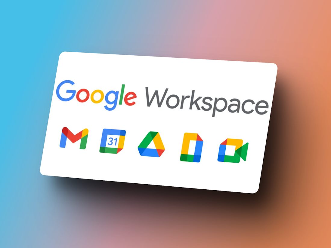 Google Workspace-Logo mit Symbolen für Gmail, Kalender, Drive, Docs und Meet auf einem Hintergrund mit Farbverlauf.