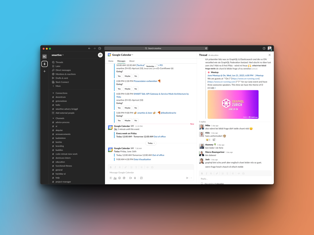 Eine Slack-Oberfläche mit Kanälen auf der linken Seite und einem Konversationsthread in der Mitte. Der Thread enthält Textnachrichten, Kalenderereignisse und ein Bild eines rosa und orangefarbenen Posters.