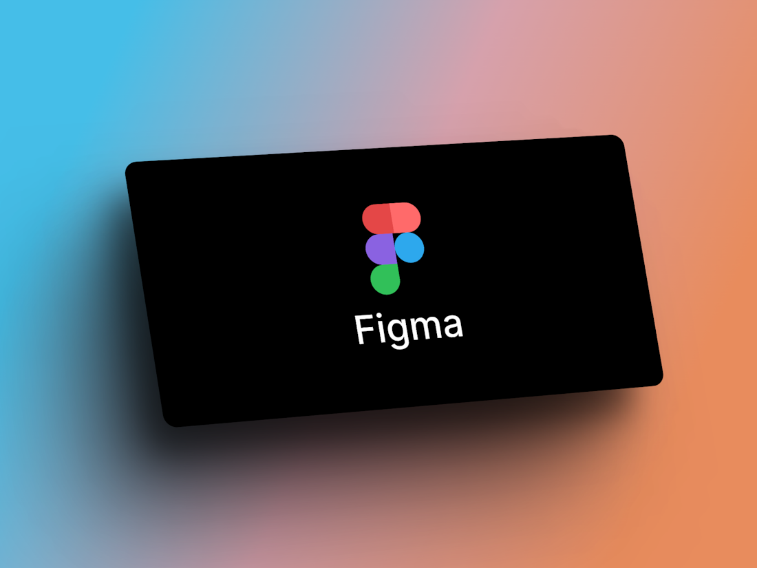 Figma-Logo auf einem schwarzen Rechteck, zentriert über einem blau-orangefarbenen Hintergrund mit Farbverlauf.