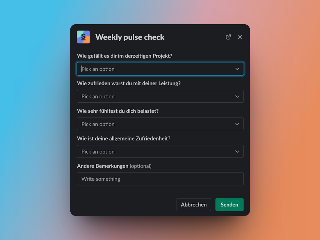 Ein wöchentlicher Pulscheck-Umfragebogen mit verschiedenen Fragen auf Deutsch und der Möglichkeit, eine Antwort auszuwählen oder zu schreiben.