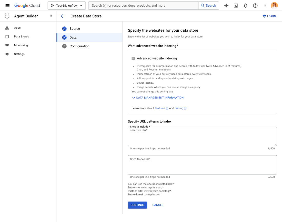 Webseite als Datastore anlegen