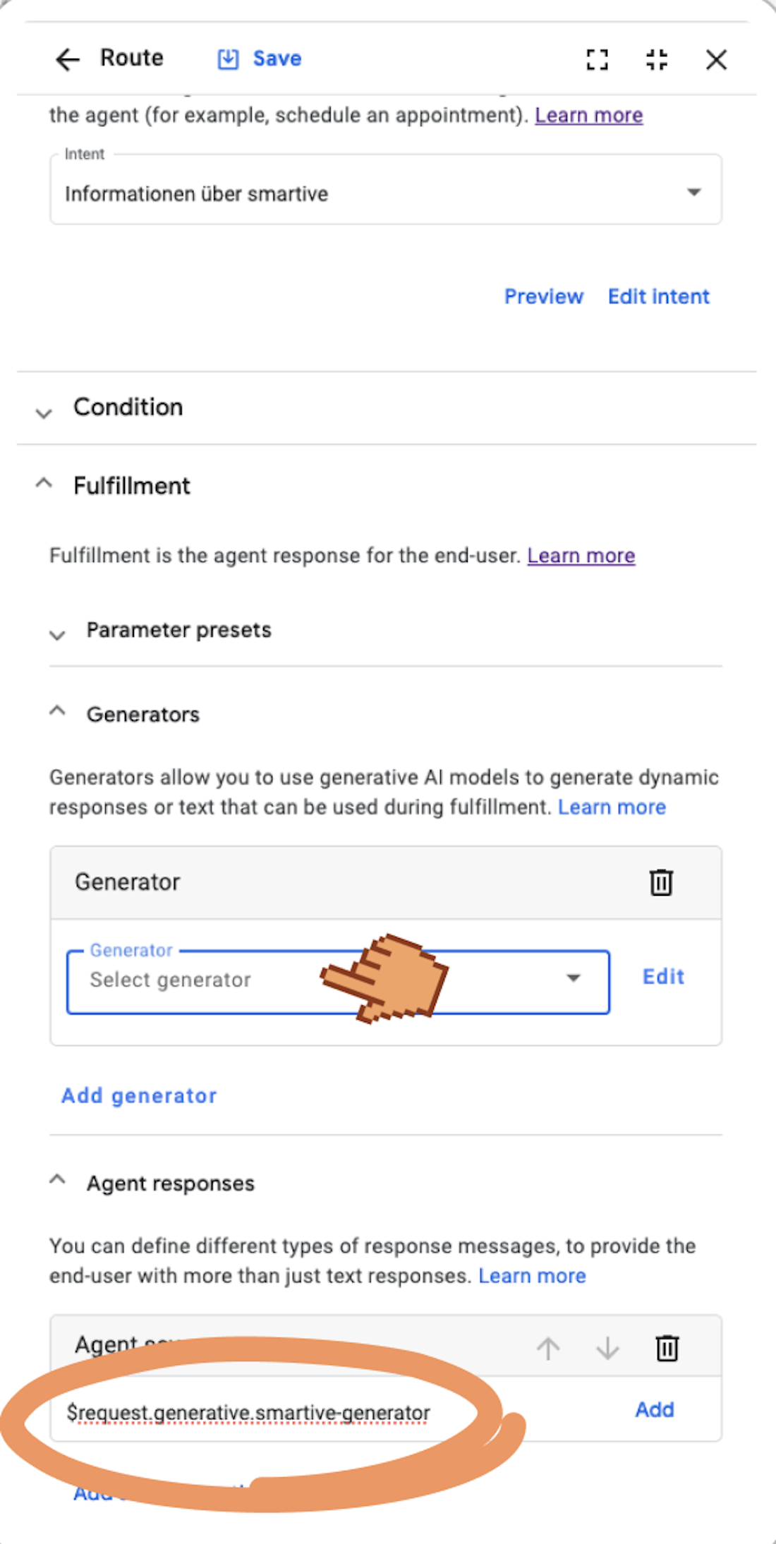 Generator auswählen und Outputparameter in der Antwort verlinken