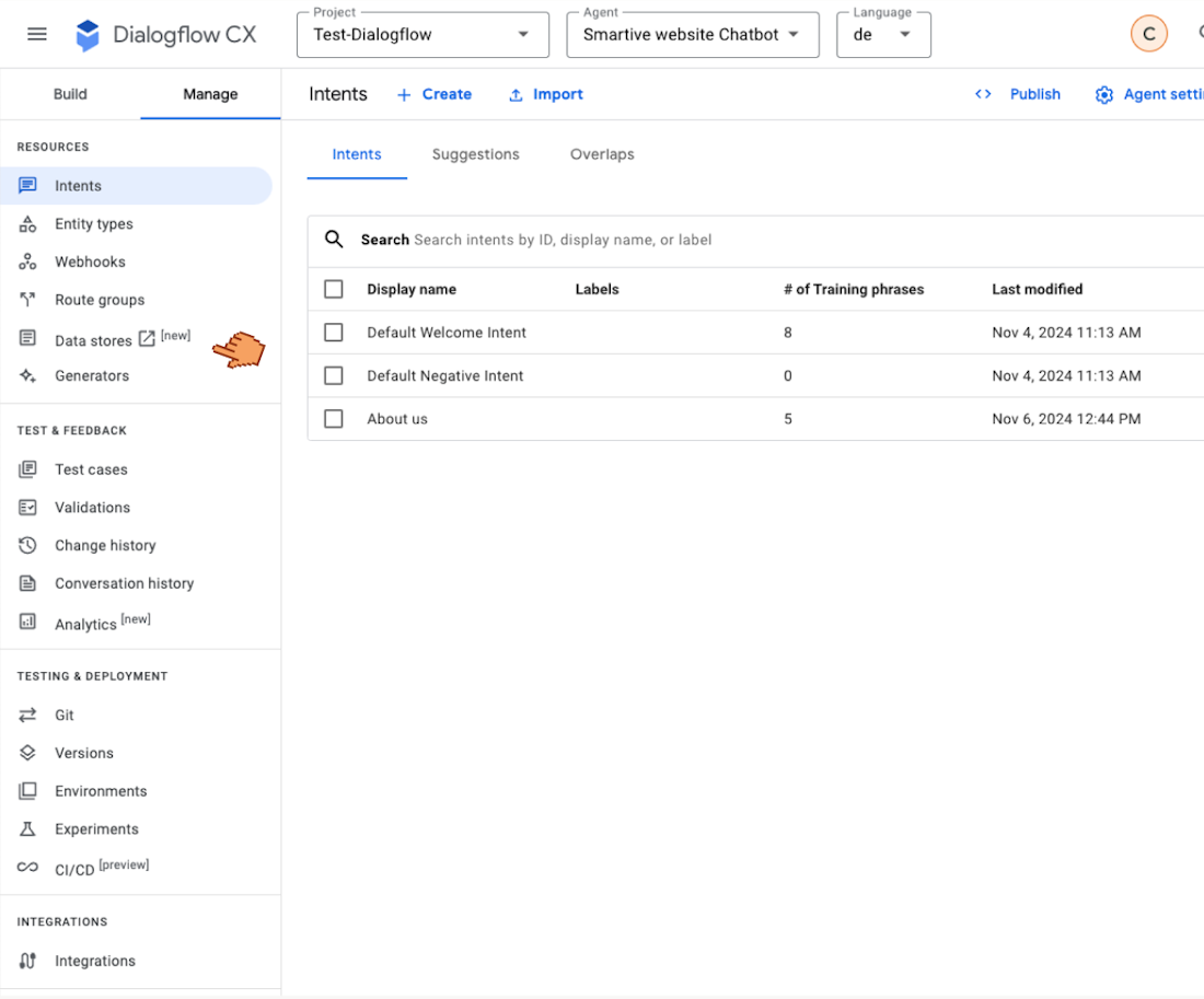 Datastore Dialogflow CX mit „Intents“-Ansicht und neuem „Data stores“-Feature.